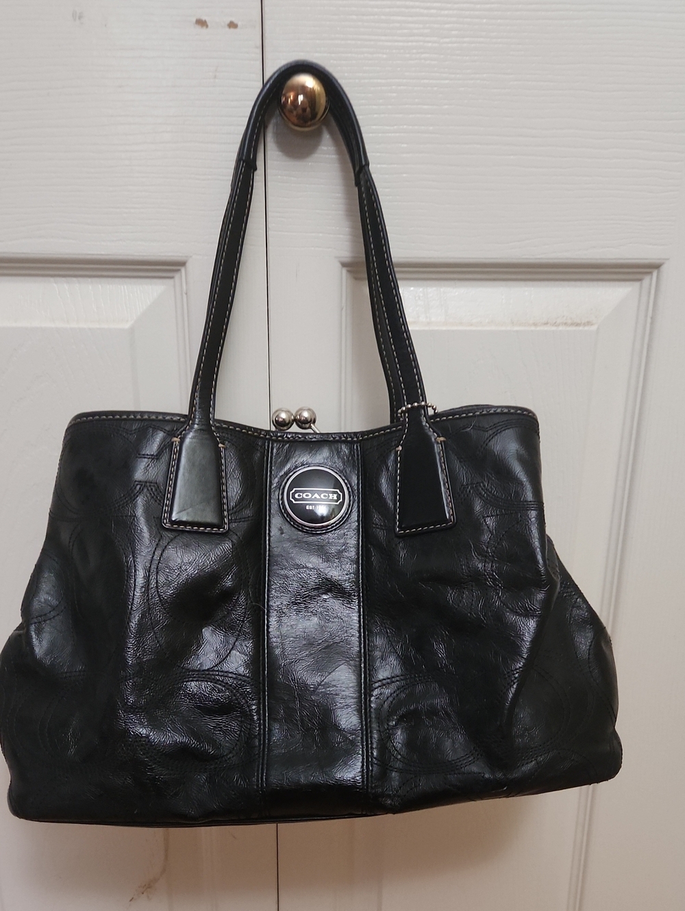 Coach Black Leather Shoulder Tote with Polished Logo